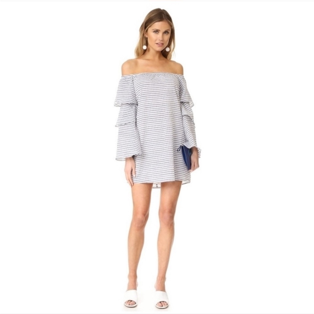 Wayf blue white gingham off the shoulder ruffle sleeve mini dress size small